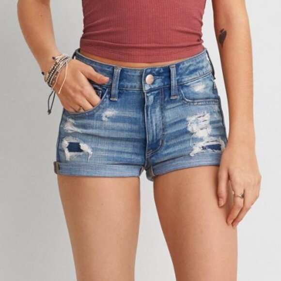 American Eagle Stretch Hi Rise Shortie Denim Cutoff Shorts Size 4 - Picture 1 of 10